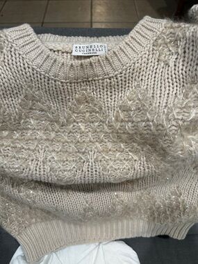 Brunello Cucinelli Cream Cashmere Crewneck Sweater with Metallic Stitching